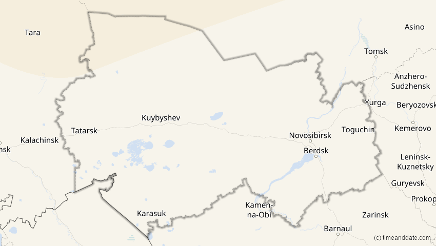 A map of Nowosibirsk, Russland, showing the path of the 23. Aug 2044 Totale Sonnenfinsternis
