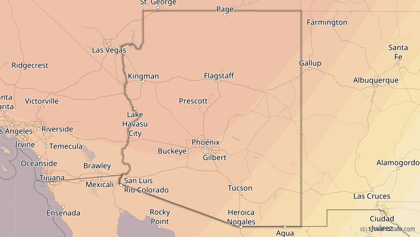 A map of Arizona, USA, showing the path of the 22. Aug 2044 Totale Sonnenfinsternis