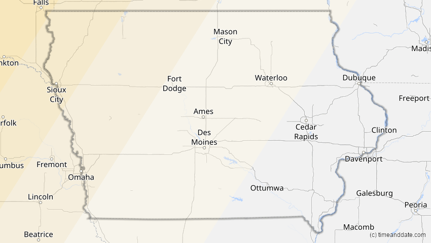 A map of Iowa, USA, showing the path of the 22. Aug 2044 Totale Sonnenfinsternis