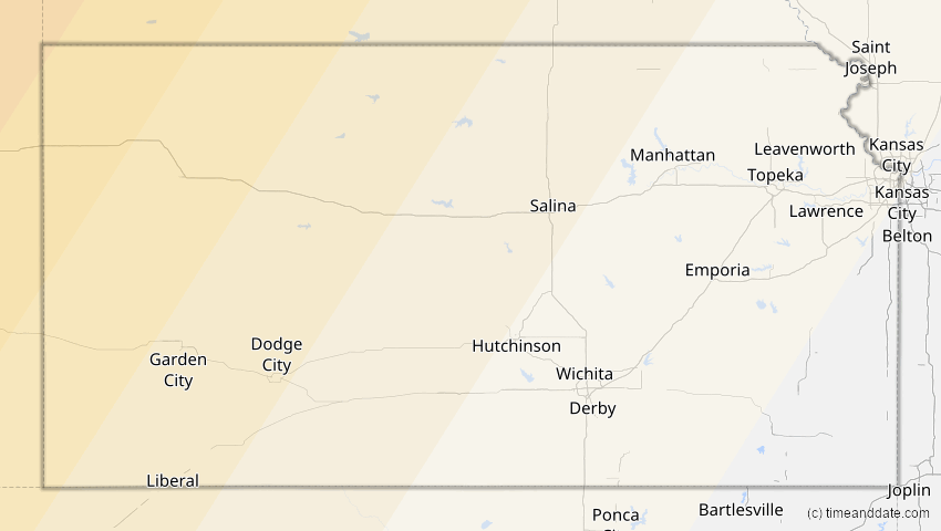 A map of Kansas, USA, showing the path of the 22. Aug 2044 Totale Sonnenfinsternis