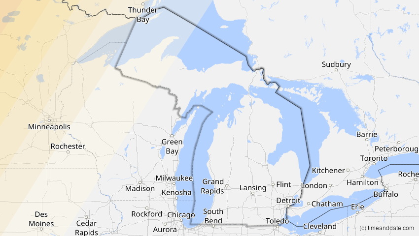 A map of Michigan, USA, showing the path of the 22. Aug 2044 Totale Sonnenfinsternis