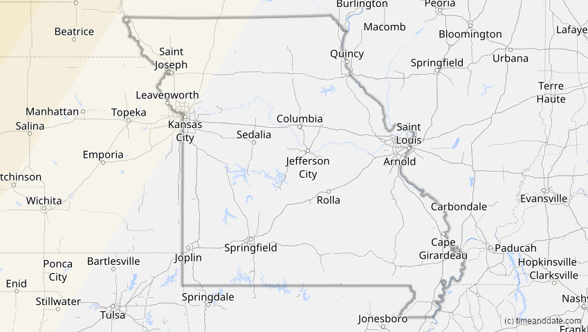 A map of Missouri, USA, showing the path of the 22. Aug 2044 Totale Sonnenfinsternis