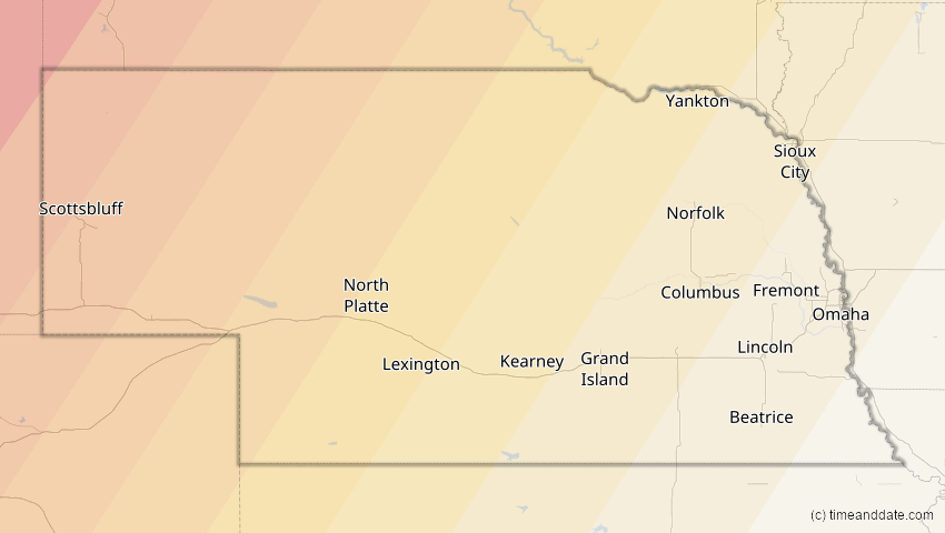 A map of Nebraska, USA, showing the path of the 22. Aug 2044 Totale Sonnenfinsternis