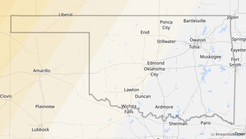 A map of Oklahoma, USA, showing the path of the 22. Aug 2044 Totale Sonnenfinsternis