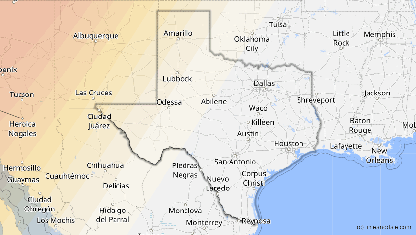 A map of Texas, USA, showing the path of the 22. Aug 2044 Totale Sonnenfinsternis