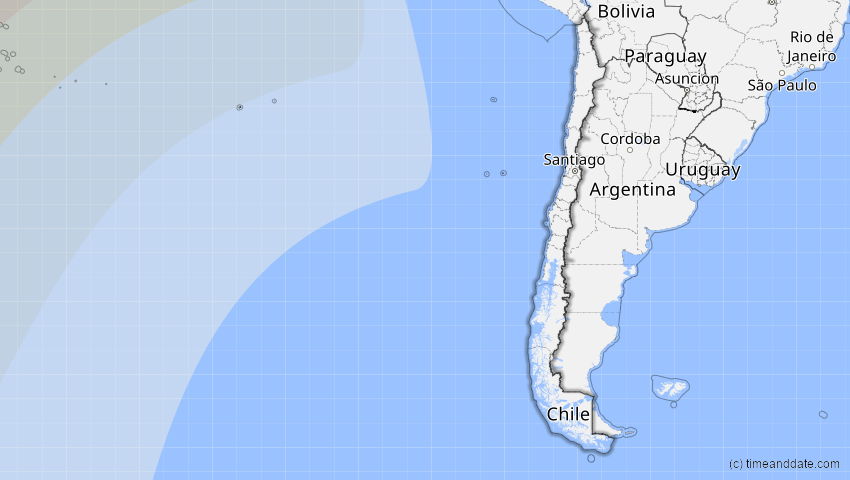 A map of Chile, showing the path of the 16. Feb 2045 Ringförmige Sonnenfinsternis