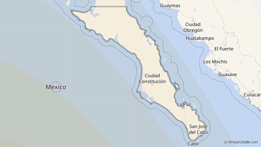 A map of Baja California Sur, Mexiko, showing the path of the 16. Feb 2045 Ringförmige Sonnenfinsternis