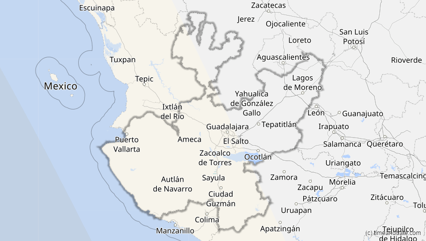 A map of Jalisco, Mexiko, showing the path of the 16. Feb 2045 Ringförmige Sonnenfinsternis