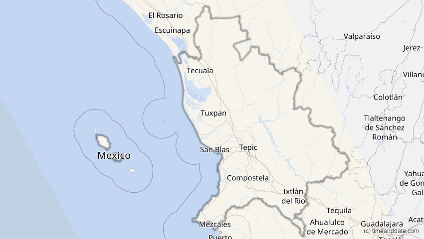 A map of Nayarit, Mexiko, showing the path of the 16. Feb 2045 Ringförmige Sonnenfinsternis