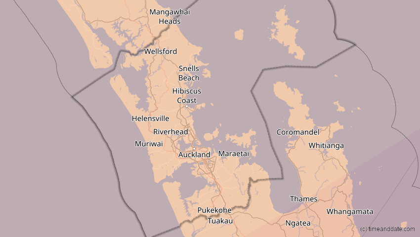 A map of Auckland, Neuseeland, showing the path of the 17. Feb 2045 Ringförmige Sonnenfinsternis