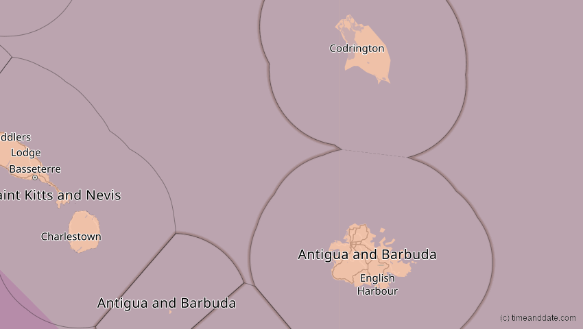 A map of Antigua und Barbuda, showing the path of the 12. Aug 2045 Totale Sonnenfinsternis