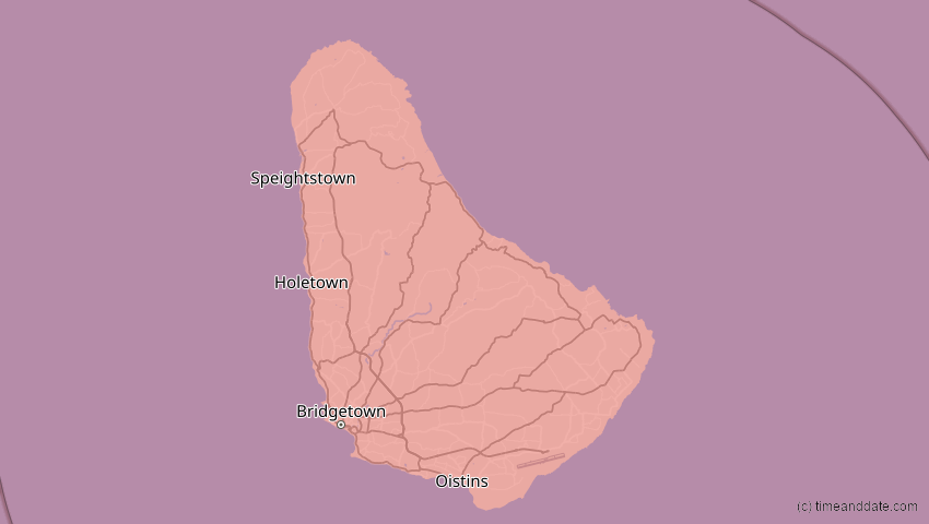 A map of Barbados, showing the path of the 12. Aug 2045 Totale Sonnenfinsternis