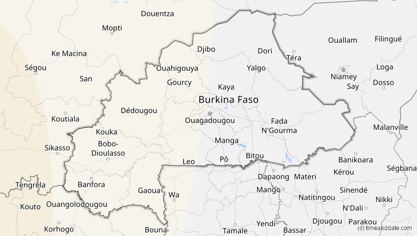 A map of Burkina Faso, showing the path of the 12. Aug 2045 Totale Sonnenfinsternis