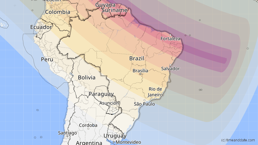 A map of Brasilien, showing the path of the 12. Aug 2045 Totale Sonnenfinsternis