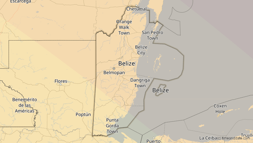 A map of Belize, showing the path of the 12. Aug 2045 Totale Sonnenfinsternis