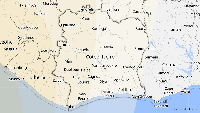 A map of Elfenbeinküste (Côte d'Ivoire), showing the path of the 12. Aug 2045 Totale Sonnenfinsternis