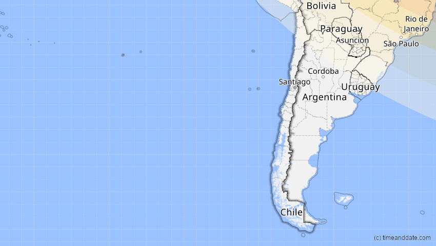 A map of Chile, showing the path of the 12. Aug 2045 Totale Sonnenfinsternis
