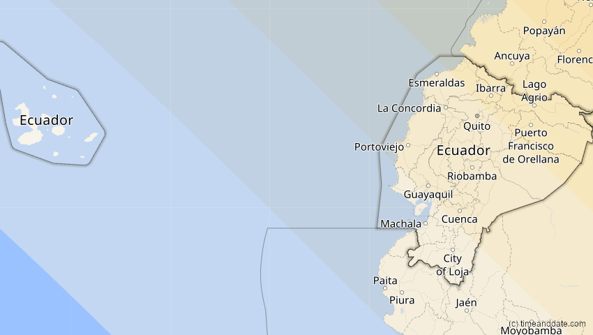A map of Ecuador, showing the path of the 12. Aug 2045 Totale Sonnenfinsternis