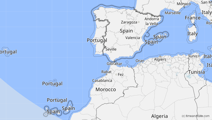 A map of Spanien, showing the path of the 12. Aug 2045 Totale Sonnenfinsternis