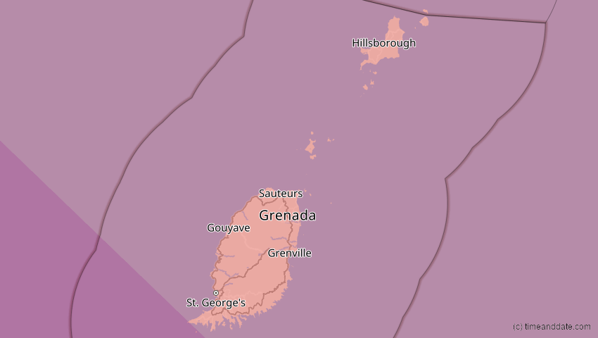 A map of Grenada, showing the path of the 12. Aug 2045 Totale Sonnenfinsternis