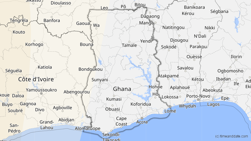 A map of Ghana, showing the path of the 12. Aug 2045 Totale Sonnenfinsternis
