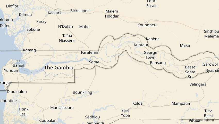 A map of Gambia, showing the path of the 12. Aug 2045 Totale Sonnenfinsternis