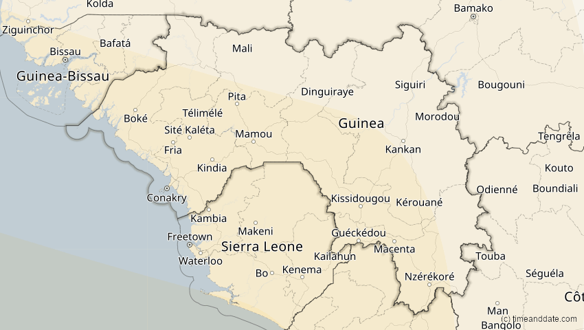A map of Guinea, showing the path of the 12. Aug 2045 Totale Sonnenfinsternis