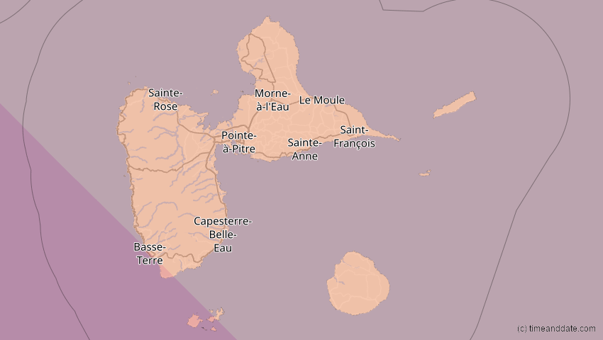 A map of Guadeloupe, showing the path of the 12. Aug 2045 Totale Sonnenfinsternis
