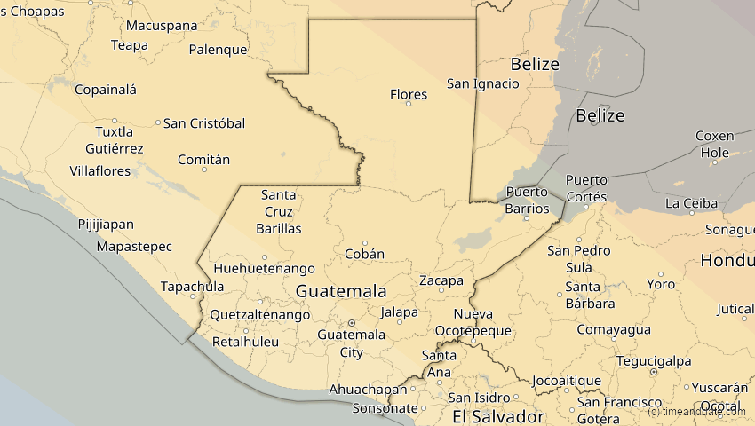 A map of Guatemala, showing the path of the 12. Aug 2045 Totale Sonnenfinsternis