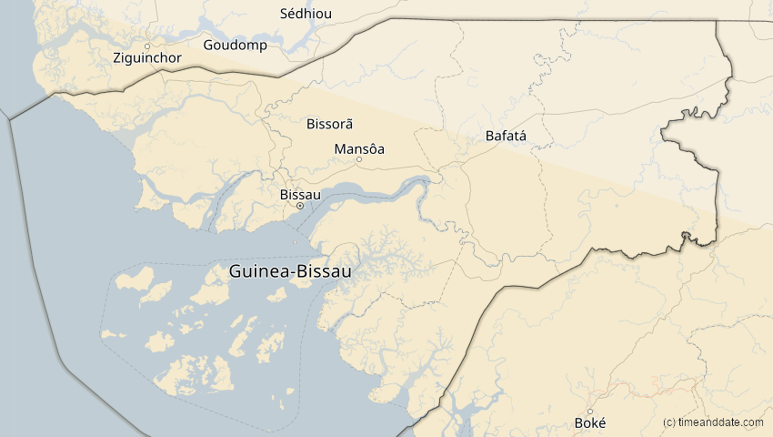 A map of Guinea-Bissau, showing the path of the 12. Aug 2045 Totale Sonnenfinsternis
