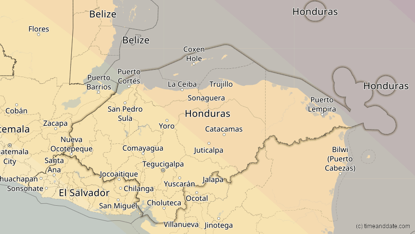 A map of Honduras, showing the path of the 12. Aug 2045 Totale Sonnenfinsternis