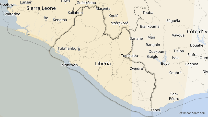A map of Liberia, showing the path of the 12. Aug 2045 Totale Sonnenfinsternis