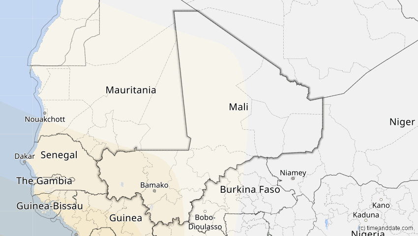 A map of Mali, showing the path of the 12. Aug 2045 Totale Sonnenfinsternis