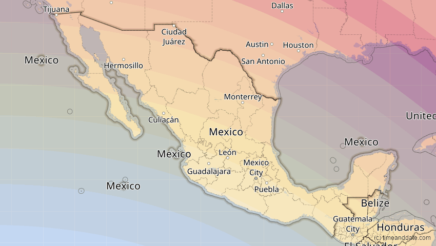 A map of Mexiko, showing the path of the 12. Aug 2045 Totale Sonnenfinsternis