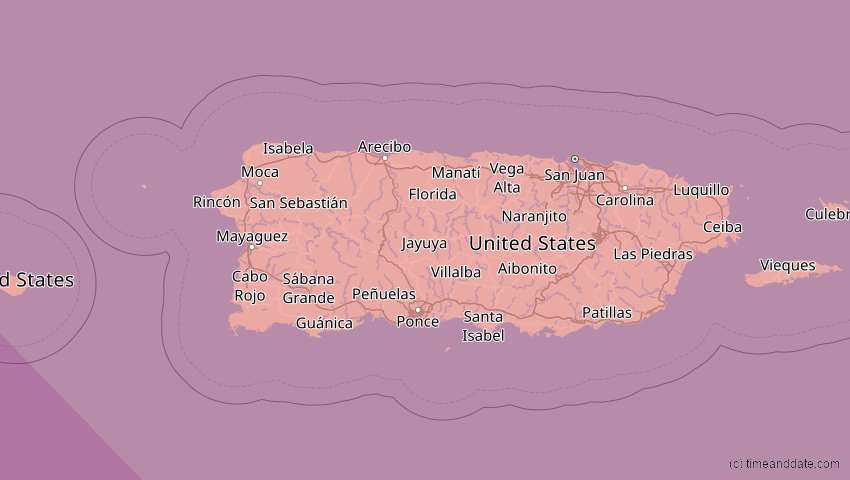 A map of Puerto Rico, showing the path of the 12. Aug 2045 Totale Sonnenfinsternis