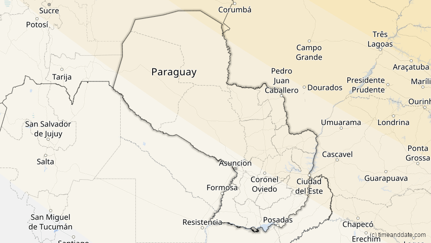 A map of Paraguay, showing the path of the 12. Aug 2045 Totale Sonnenfinsternis