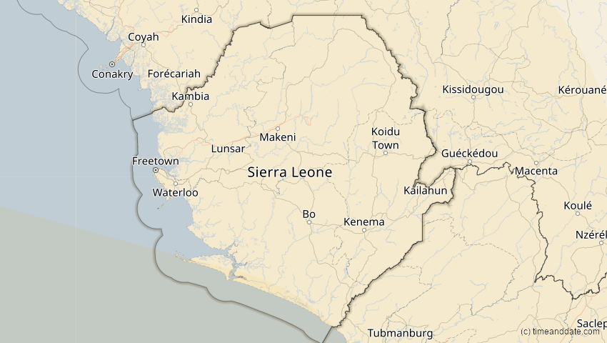 A map of Sierra Leone, showing the path of the 12. Aug 2045 Totale Sonnenfinsternis