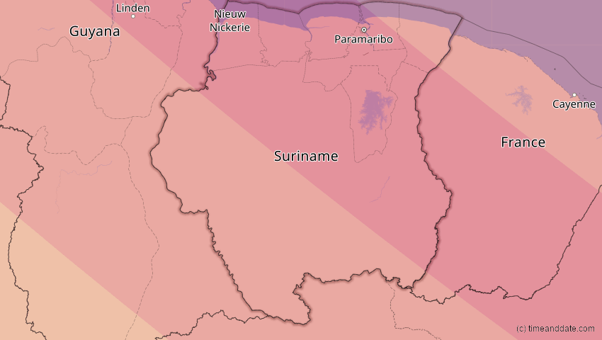 A map of Suriname, showing the path of the 12. Aug 2045 Totale Sonnenfinsternis