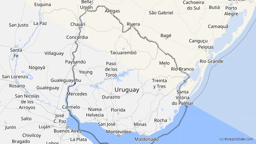 A map of Uruguay, showing the path of the 12. Aug 2045 Totale Sonnenfinsternis