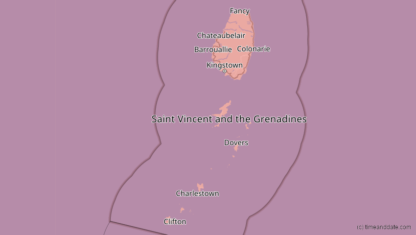 A map of St. Vincent und die Grenadinen, showing the path of the 12. Aug 2045 Totale Sonnenfinsternis