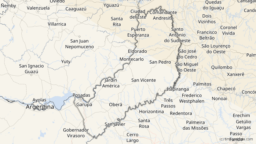 A map of Misiones, Argentinien, showing the path of the 12. Aug 2045 Totale Sonnenfinsternis