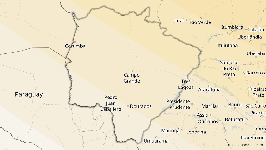 A map of Mato Grosso do Sul, Brasilien, showing the path of the 12. Aug 2045 Totale Sonnenfinsternis