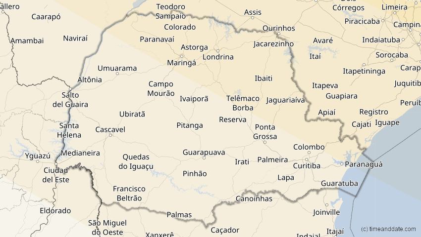 A map of Paraná, Brasilien, showing the path of the 12. Aug 2045 Totale Sonnenfinsternis