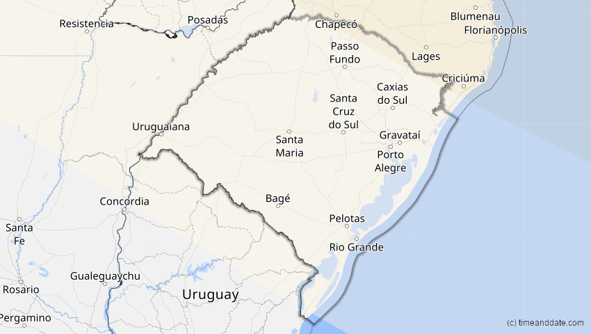 A map of Rio Grande do Sul, Brasilien, showing the path of the 12. Aug 2045 Totale Sonnenfinsternis