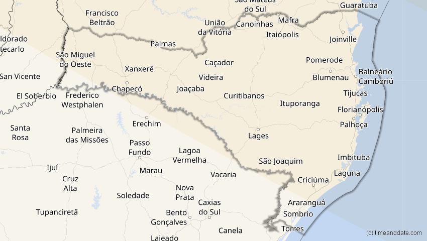 A map of Santa Catarina, Brasilien, showing the path of the 12. Aug 2045 Totale Sonnenfinsternis