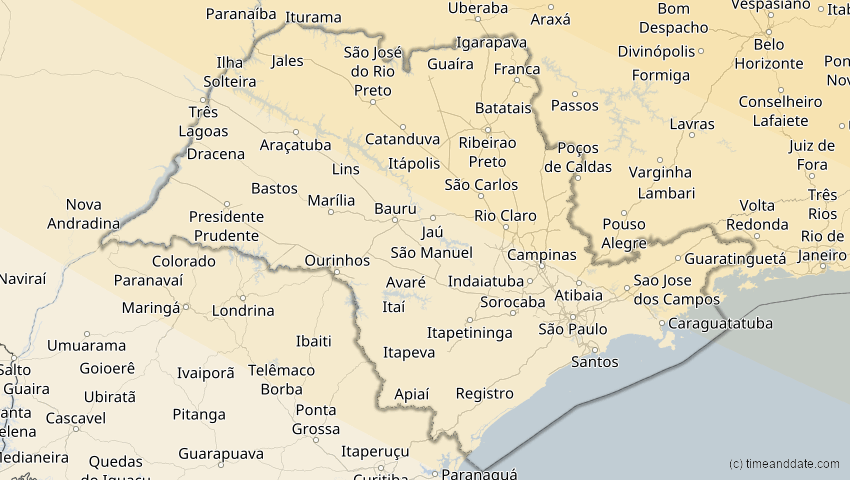 A map of São Paulo, Brasilien, showing the path of the 12. Aug 2045 Totale Sonnenfinsternis