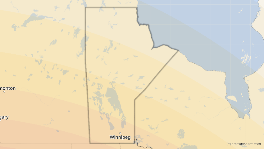 A map of Manitoba, Kanada, showing the path of the 12. Aug 2045 Totale Sonnenfinsternis