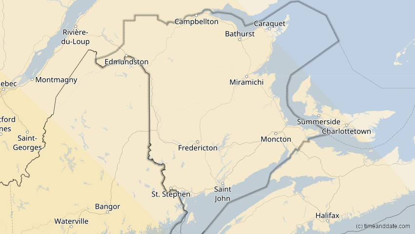 A map of New Brunswick, Kanada, showing the path of the 12. Aug 2045 Totale Sonnenfinsternis
