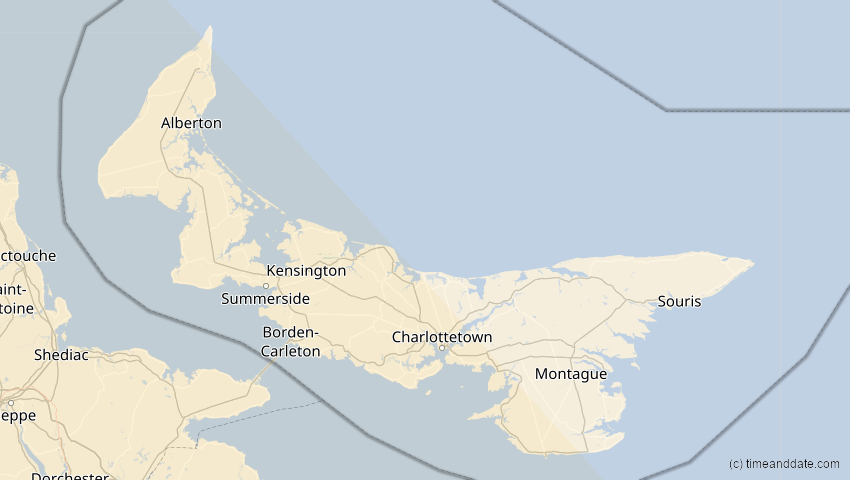 A map of Prince Edward Island, Kanada, showing the path of the 12. Aug 2045 Totale Sonnenfinsternis