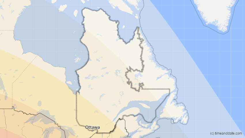 A map of Québec, Kanada, showing the path of the 12. Aug 2045 Totale Sonnenfinsternis